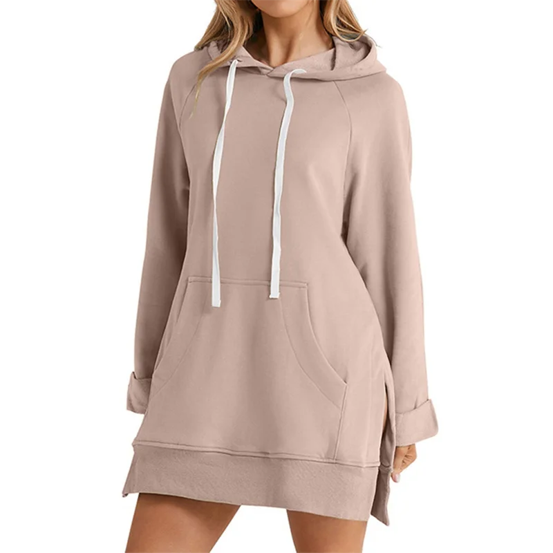 Women Hoodie Dress Slit Hem Drawstring Loose with Big Pocket Hooded Pullover Mid Length Top Commuting Dating Sport HoodieCYXX385
