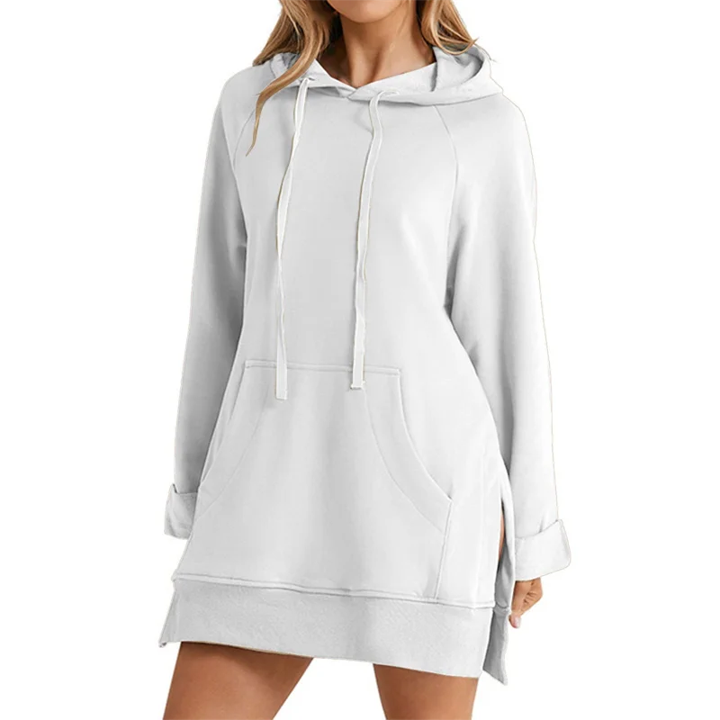 Women Hoodie Dress Slit Hem Drawstring Loose with Big Pocket Hooded Pullover Mid Length Top Commuting Dating Sport HoodieCYXX385