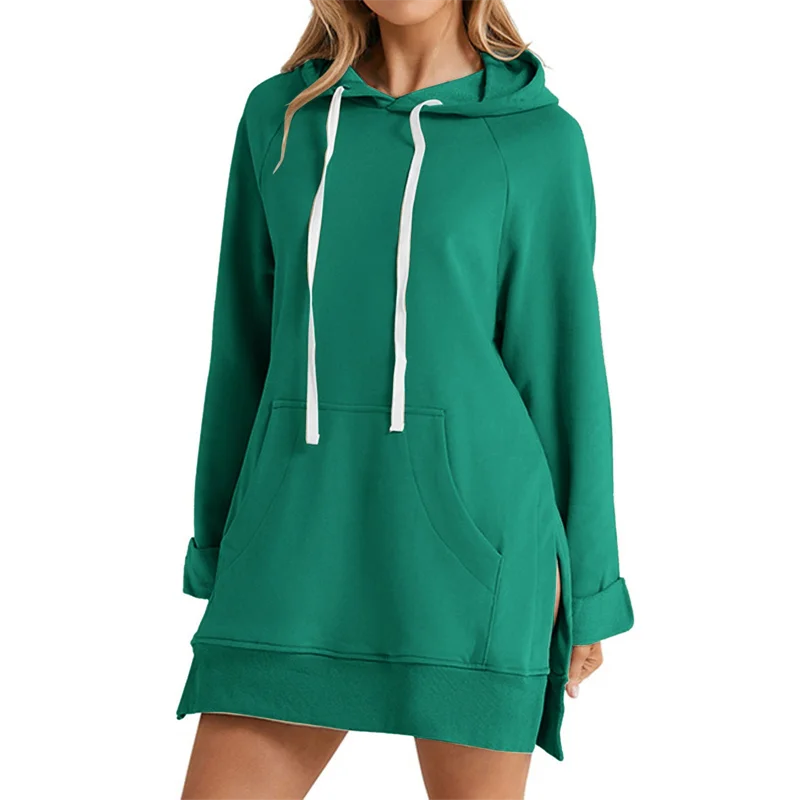 Women Hoodie Dress Slit Hem Drawstring Loose with Big Pocket Hooded Pullover Mid Length Top Commuting Dating Sport HoodieCYXX385